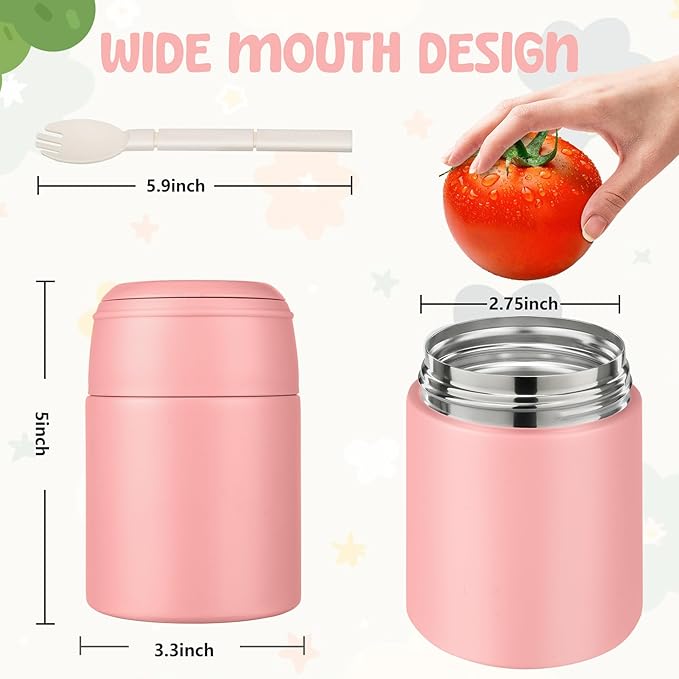 10oz Soup Thermo for Hot Food Kids Insulated Food Jar with Spoon Wide Mouth Stainless Steel Lunch Container Leak Proof Vacuum Food Box for School Travel Picnic Pink