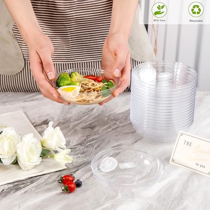bUCLA 50Pack Clear Plastic Bowls Disposable - 10oz Premium Heavy Crystal Plastic Salsa Bowls - Ideal for Wedding & Party