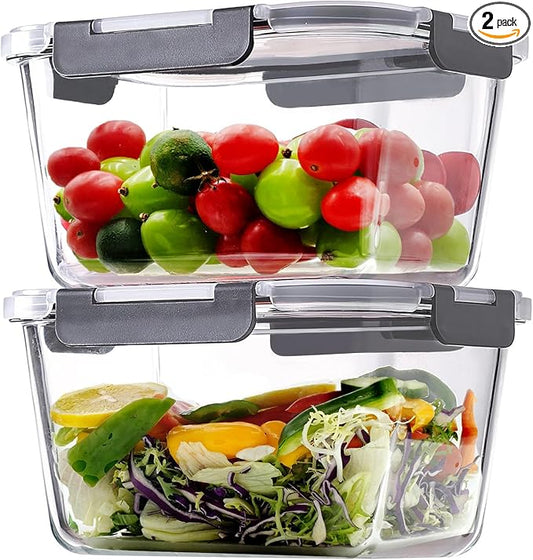 2 Pack Large Glass Storage Containers with Lids 85oz/10.5cup Big Airtight Glass Food Storage Containers for Rotisserie Chicken Watermelon Meal Prep, BPA Free, Freezer Dishwasher Oven Safe