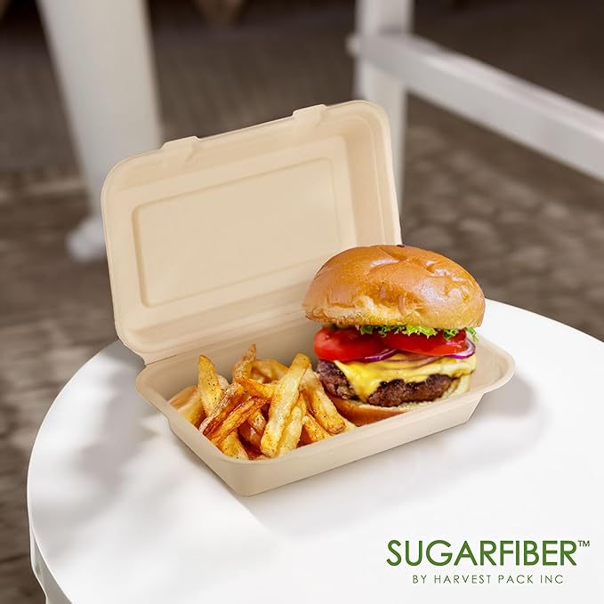 [50 COUNT]Harvest Pack PFAS FREE 9 X 6" Compostable Clamshell Food Containers, Heavy-Duty Hinged Container, Disposable Bagasse Eco-Friendly Natural Takeout to go Box, Made from Sugarcane Plant