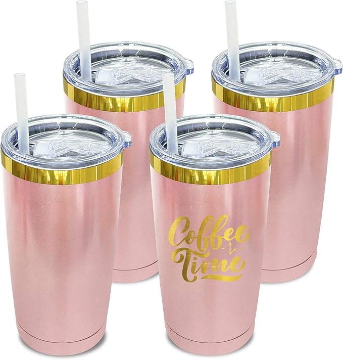 20 oz Tumbler Bulk 4 Pack Stainless Steel Tumblers with Lids and Straws, Double Wall Vacuum Insulated Travel Coffee Mug for Laser Engrave, Powder Coated Cups for Hot and Cold Drinks (Rose Gold,4 pack)