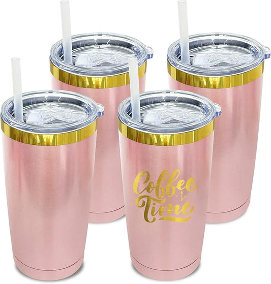 20 oz Tumbler Bulk 4 Pack Stainless Steel Tumblers with Lids and Straws, Double Wall Vacuum Insulated Travel Coffee Mug for Laser Engrave, Powder Coated Cups for Hot and Cold Drinks (Rose Gold,4 pack)