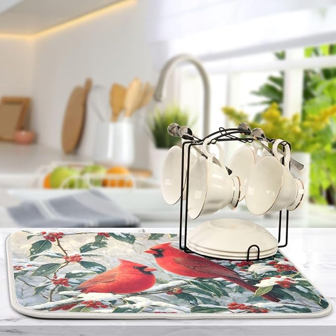 Red birds Snow Dish Drying Mat for Kitchen Counter Super Absorbent Dishes Pad Reversible Microfiber Protector Dish Draining Mats 16x18 inch
