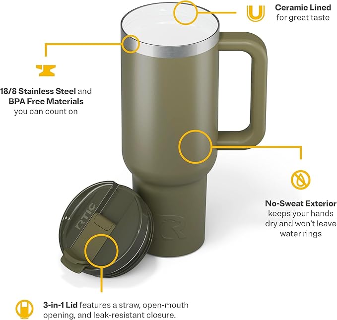 RTIC 40 oz Road Trip Tumbler Double-Walled Cermaic Lined Insulated Stainless Steel Portable Travel Coffee Mug Cup with Lid, Handle and Straw, Olive