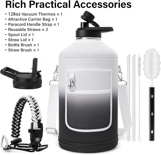 1 Gallon Insulated Water Bottle | Upgraded Thickened Stainless Steel Metal Portable Sports Large Water Jug for Gym and Hiking with Carrier Bag, Handle Strap | BPA-Free 128 oz