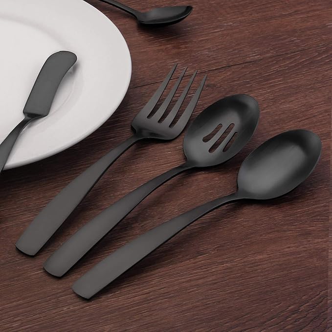 O.C.E. 5-Piece Matte Black Serving Flatware Silverware Set, Utensil Set of Stainless Steel, Satin Finish, Hostess Tableware Serving Set, Dishwasher Safe