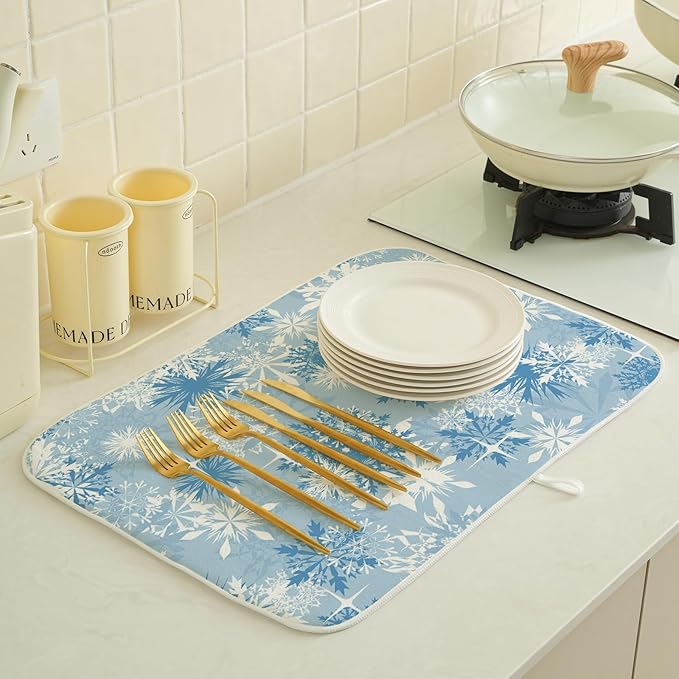 Christmas Dish Drying Mats 18x24 Inch White Blue Snowflake Drying Mats Xmas Winter Holiday Kitchen Decor Absorbent Drying Dish Pad Rack Drainer Mats for Kitchen Dining Room Counter