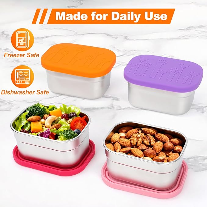 4 Pack Stainless Steel Snack Containers with Lids Set, 10oz Rectangular Easy Open Leakproof Reusable Snack Box Container for Lunch, Small Lunch Food Containers for Meal Prep, Salad Dressing To Go