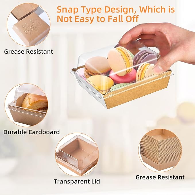 50 Pack Small Paper Charcuterie Boxes with Clear Lids, Dessert Boxes Square Disposable Paper Bakery Boxes to Go Food Containers for Desserts, Sandwich, Cookie, Sushi, Cake Slice and Strawberries