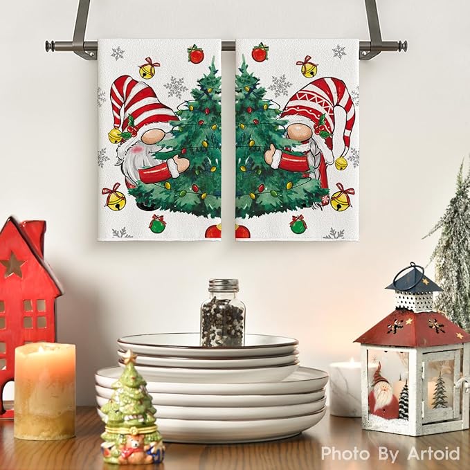 Artoid Mode Gnomes Xmas Trees Christmas Kitchen Towels Dish Towels, 18x26 Inch Daily Seasonal Winter Decoration Hand Towels Set of 2