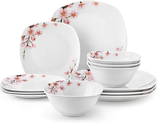 VEWEET Porcelain Dinnerware Set with Pink Floral, 12 PCS Including Dinner Plates, Dessert Plates and Cereal Bowls, Series Annie