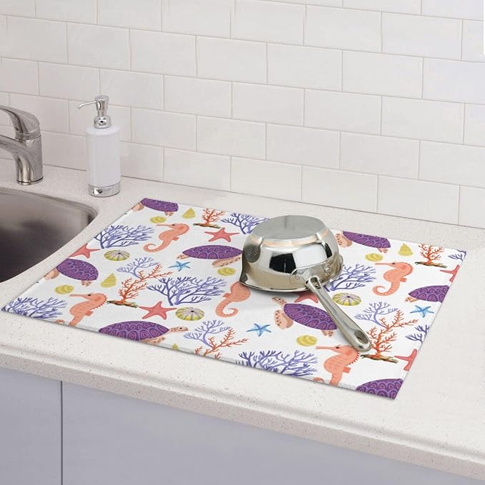 Purple Beach Sea Turtle Dish Drying Mat 18x24 For Kitchen Counter Absorbent Microfiber Dishes Pad Dish Drainer Rack Mats Fast Dry Kitchen Accessories