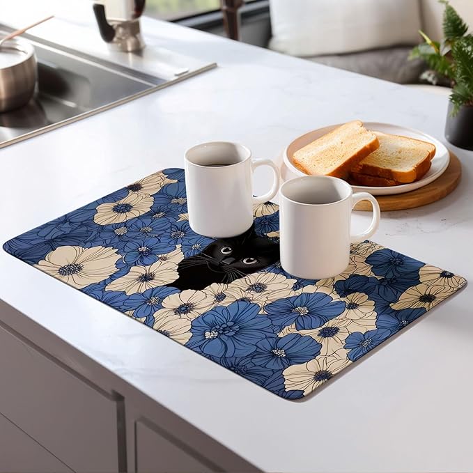 Black Cat Dish Drying Mat for Kitchen Counter Microfiber Super Absorbent Non-Slip Dish Drying Pad for Countertops Dishes Utensils Stylish Quick-Dry Machine Washable 18x24 Inch