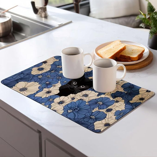 Black Cat Dish Drying Mat for Kitchen Counter Microfiber Super Absorbent Non-Slip Dish Drying Pad for Countertops Dishes Utensils Stylish Quick-Dry Machine Washable 18x24 Inch