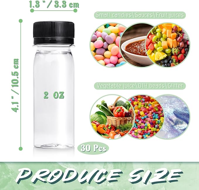 30 Pcs 2 Oz Small Plastic Bottles for Liquids,Ginger Shot Bottle with Lids,Reusable Bulk Beverage Containers for Juice,Liquor,Potion,Wellness,DIY,Wedding,Party,Travel(Black Cap)