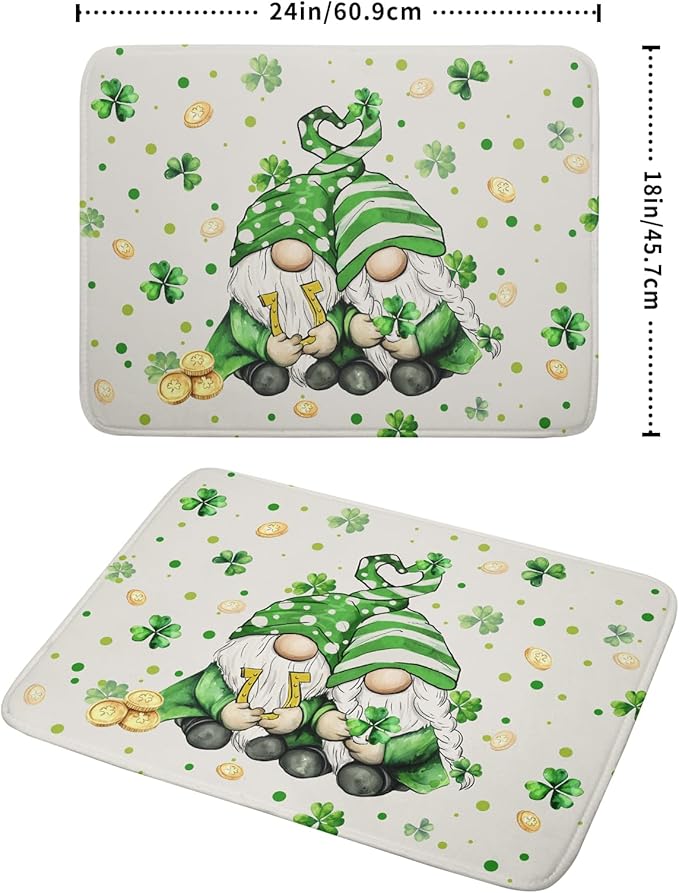 St Patrick's Day Gnome Dish Drying Mat 18x24 inch Lucky Shamrock Absorbent Reversible Dishes Drainer Rack Mat for Coffee Bar Kitchen Decor