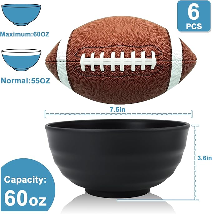 Wheat Straw Bowls Unbreakable Large Salad Bowls 60 OZ Set of 6, Microwave and Dishwasher Safe Large Plastic Bowl, Big Bowl for Eating, Serving Soup, Ramen, Popcorn (Black)