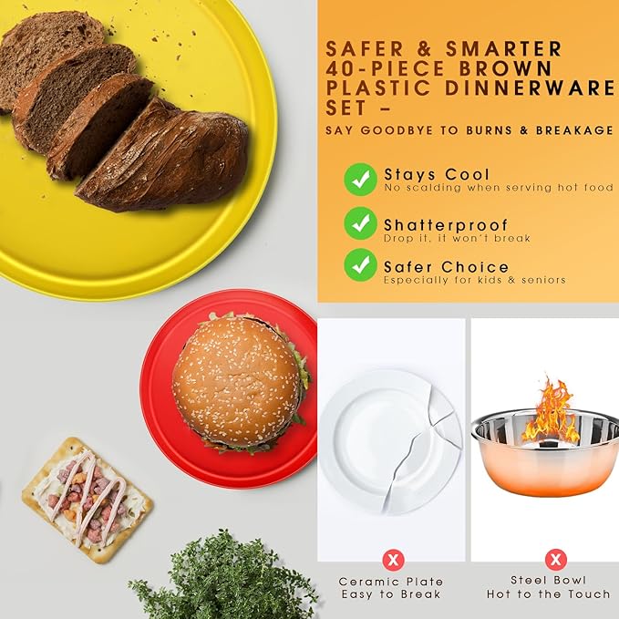 Tropical Plastic Dinnerware Set – 40-Piece Colorful Unbreakable Plates & Bowls for 8 with Cups, Forks, Knives, Spoons – Reusable Kids Dishes for Party, Camping, Picnic, Daily Use