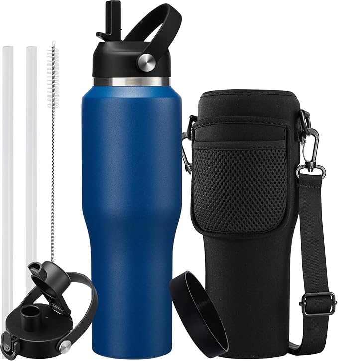 32 oz Water Bottles with Straw & Spout Lid - Keep Cold 48h & Hot 24h Vacuum Slim Metal Insulated Flask Fits in The Car, Bike, Treadmill, Stroller, Golf Cart Cup Holder, Travel Coffee Mug