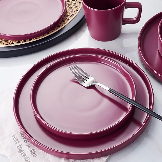 Stone Lain Cleo Modern Stoneware 16-Piece Dinnerware Set, Plates and Bowls Set, Dish Set Service For 4, Magenta