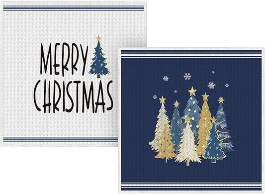 Artoid Mode Blue Star Xmas Tree Merry Christmas Kitchen Dish Cloths, 12x12 Inch Quick Dry Microfiber Dishcloths for Kitchen Dish Rags Set of 2