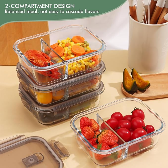 5 Pcs 35oz Glass Food Prep Containers with Airtight Lids,Bento Boxes for Lunch, 2 Compartment Lunch Box,Glass Storage Containers with Lids - Light Gray