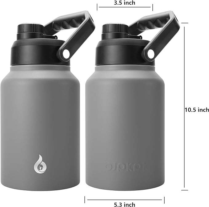 BJPKPK 64 oz Insulated Water Bottle, Dishwasher Safe Half Gallon Water Bottle with Ergonomic Handle, BPA Free Leak Proof Water Jug for Sports, Metal Thermo with Anti-slip Bottom, Grey