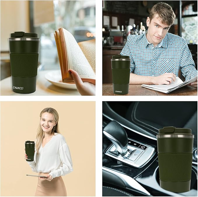 16oz Travel Coffee Mug Spill Proof, Insulated Coffee Mug with Lid, Leakproof Coffee Tumbler,Stainless Steel Vacuum Coffee Cup for Hot/Cold Drinks, Reusable Coffee Cup for Men Women -510ml,Dark Green