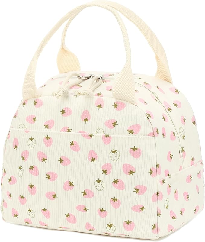 Bluboon Lunch Bag for Women Men Cute Corduroy Lunch Tote Bags Reusable Insulated Lunch Box Large Capacity Reusable Insulated Cooler for Work Picnic or Travel (Beige strawberry)