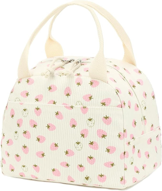 Bluboon Lunch Bag for Women Men Cute Corduroy Lunch Tote Bags Reusable Insulated Lunch Box Large Capacity Reusable Insulated Cooler for Work Picnic or Travel (Beige strawberry)