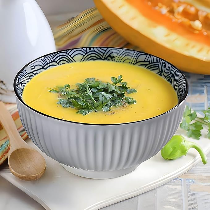 QINLANG 6 Inch Blue and White Porcelain 30 oz Bowls Set of 6 for Soup, Cereal, desserts, ice cream and Rice - Wave Pattern