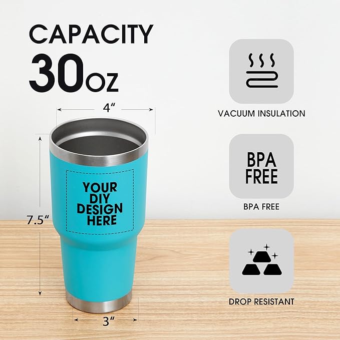 Personalized Custom Tumbler Print in USA 30oz Stainless Steel Coffee Cup with Lid & Straw Double Wall Insulated Tumbler with Colorful Text Logo Photo