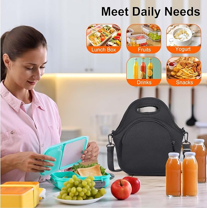 CILLA Neoprene Lunch Bag for Women Insulated Lunch Tote Bags Washable Lunch Container Box Picnic Lightweight Meal Prep Bags(Black+)