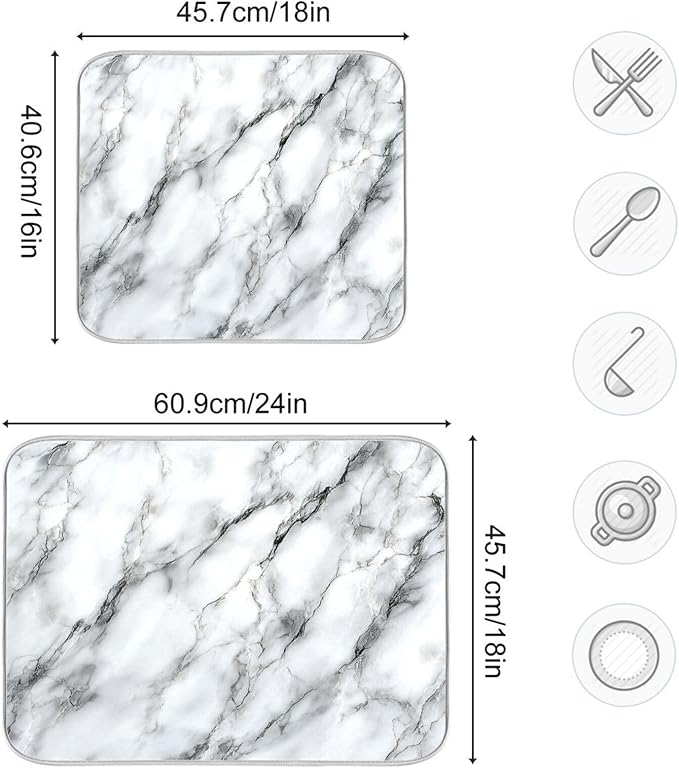 White Marble Pattern Dish Drying Mat for Kitchen Counter Super Absorbent Dishes Pad Reversible Microfiber Protector Dish Draining Mats 18x24 inch