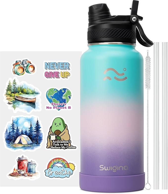 [2-IN-1 LID] Insulated Water Bottle with Silicone Boot (36hrs Cold/18hrs Hot) - DIY Stickers, Leakproof, BPA Free, 32 oz
