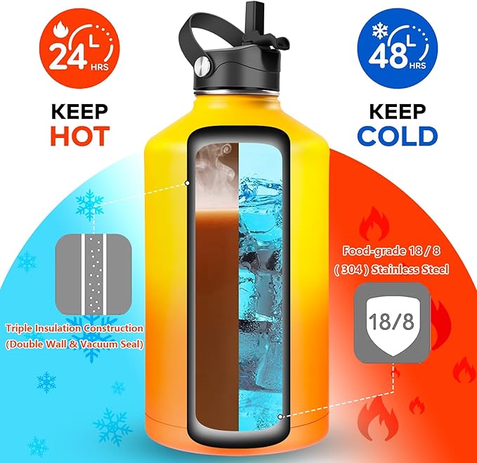 Water Bottle Insulated 32oz 40oz 64oz 128oz Straw Lid Spout Lid & 3 Lids, Leak Proof, Vacuum Insulated,Stainless Steel Water Bottle Wide Mouth for Sports, Gym or Office