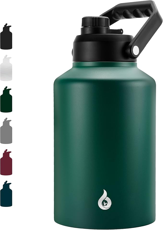BJPKPK One Gallon(128 oz) Insulated Water Bottle, Dishwasher Safe Stainless Steel Thermo, BPA Free Jug with Ergonomic Handle & Anti-slip Bottom, Large Water Bottle, Army Green