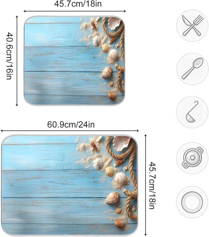 Summer Beach Seashells Dish Drying Mat for Kitchen Counter Super Absorbent Dishes Pad Reversible Microfiber Protector Dish Draining Mats 16x18 inch