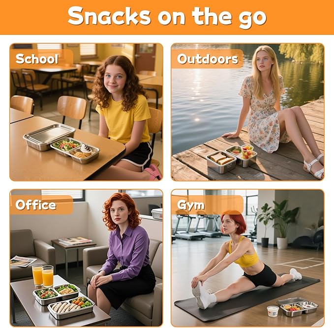 (4PCS) Grab and Go Snack Containers, Reusable Stainless Steel Snack Containers with Lids, Leak-Proof Stainless Steel Double Compartment Condiment Container, for Snacks Dips Travel