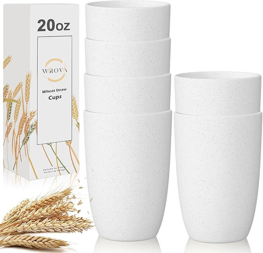 Wrova Wheat Straw Cups 6 Set of 6 Good Alternative to Plastic Reusable Cups 20 oz Unbreakable Drinking Cup Reusable Dishwasher Safe Water Plastic Glasses - White