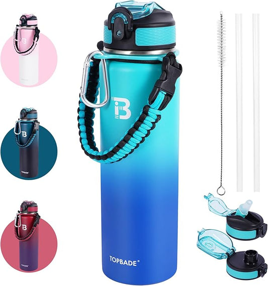 32oz Insulated Water Bottle with Straw Lid & Spout Lid & Paracord Handle, Stainless Steel Water Bottle Wide Mouth, Double Wall for Women Men Gym Fitness Outdoor