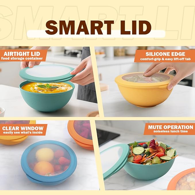 Wheat Straw Bowls Set with Lids, Unbreakable 40 OZ Cereal Bowls Set of 4, Salad Container for Lunch, Microwave & Dishwasher Safe Bowl Set for Kitchen, Picnic, RV, Camping, Multi