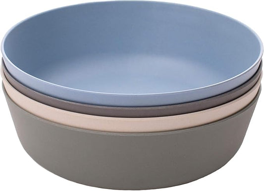 WeeSprout Bamboo Kids Bowls, Set of Four 15 oz Kid-Sized Dinnerware, Cereal, Leftovers & Snack Bowl, Dishwasher Safe (Blue, Green, Gray, & Beige)