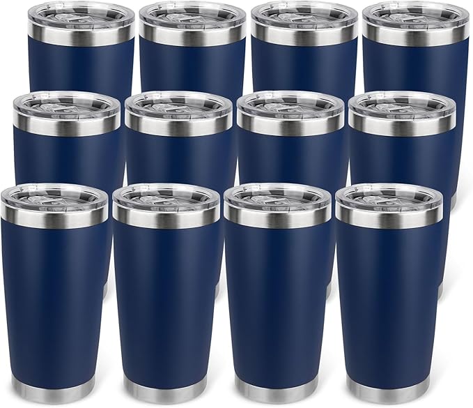 20oz Stainless Steel Tumbler Bulk with Lid, Travel Mug - Double Wall Vacuum Powder Coated Cup - Navy Blue, 12 Pack