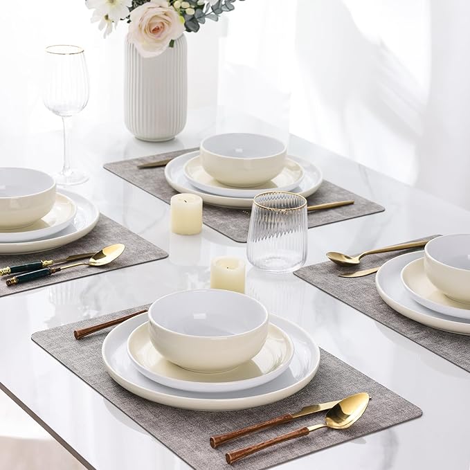 GBHOME 12 Pieces Ceramic Dinnerware Set, Modern White Dish Set for 4，Scratch Resistant Smooth Plates and Bowls Sets，Oven Safe，Microwave & Dishwasher