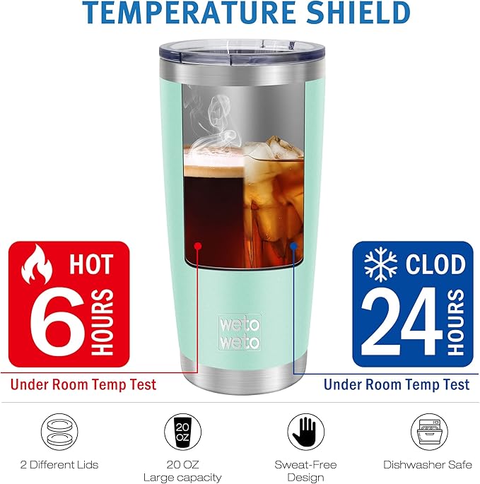 WETOWETO 20oz Tumbler with 2 lids and 2 straws, Stainless Steel Vacuum Insulated Water Coffee Tumbler Cup with Handle, Double Wall Powder Coated Travel Mug Thermal Cup (Light Green, 1 Pack)