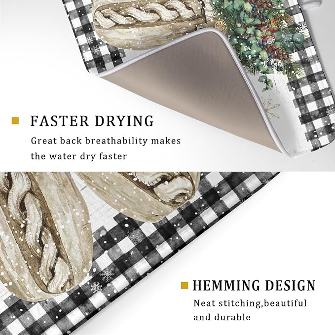 Christmas Dish Drying Mat for Kitchen Counter 18x24 Inches, Xmas Winter Glove Snowflake Buffalo Checked Plaid Microfiber Absorbent Dishes Drainer Rack Pads under Sink