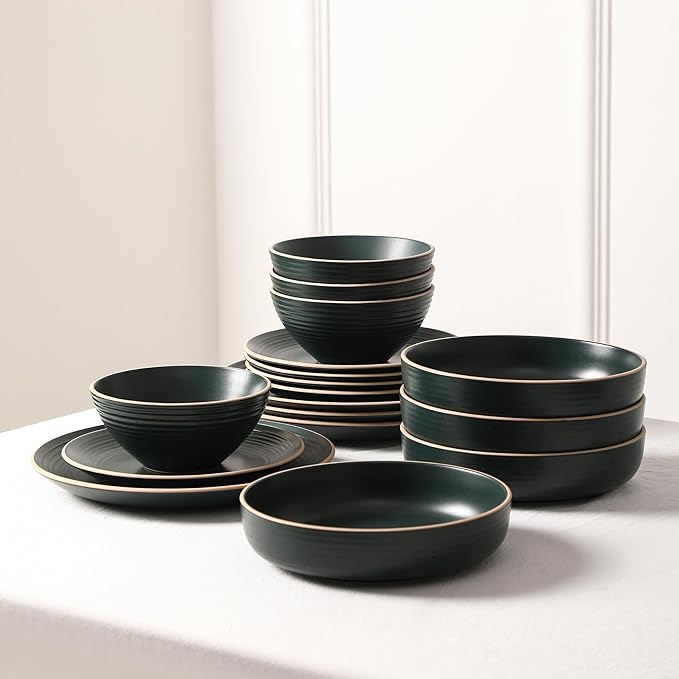 Stone Lain Lauren Modern Stoneware 16-piece Round Dinnerware Set, Plates and Bowls Set, Dish set for 4, Dark Green