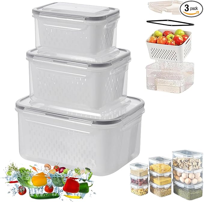 Relativityi Transparent Plastic Food Storage Containers, Relativityi Household Transparent Plastic Food Storage Box-Including Drain Basket with Removable Colander (Gray, S+M+L)