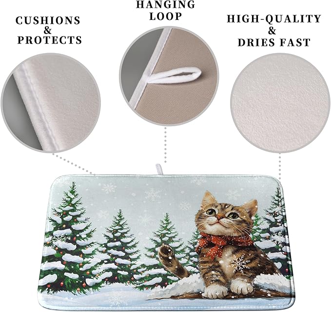 Cat Snow Pine Tree Winter Kitchen Dish Drying Mat 16x18 Inch Cute Kitten Animal Dish Mat Christmas Holiday Super Absorbent Dish Drying Pads Microfiber Dish Drying Mat for Kitchen Counter Sink
